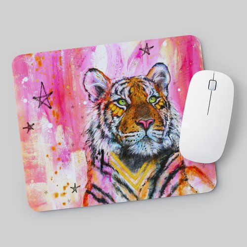 Mouse pad with a tiger design on a pink background, accompanied by a white mouse.